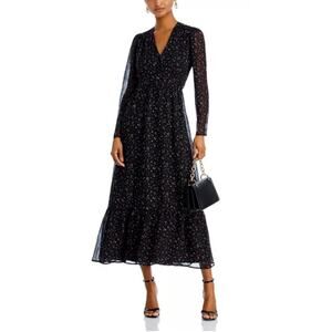 Aqua‎ Floral Black V-Neck Cocktail Party Maxi Dress Long Sleeves Semi Sheer S